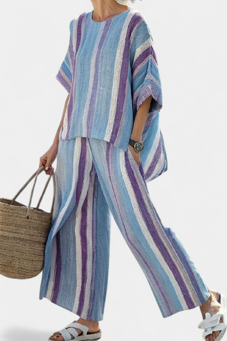 Zweiteiler Damen Streifenmuster Bluse Weite Hose Leinen – Laura