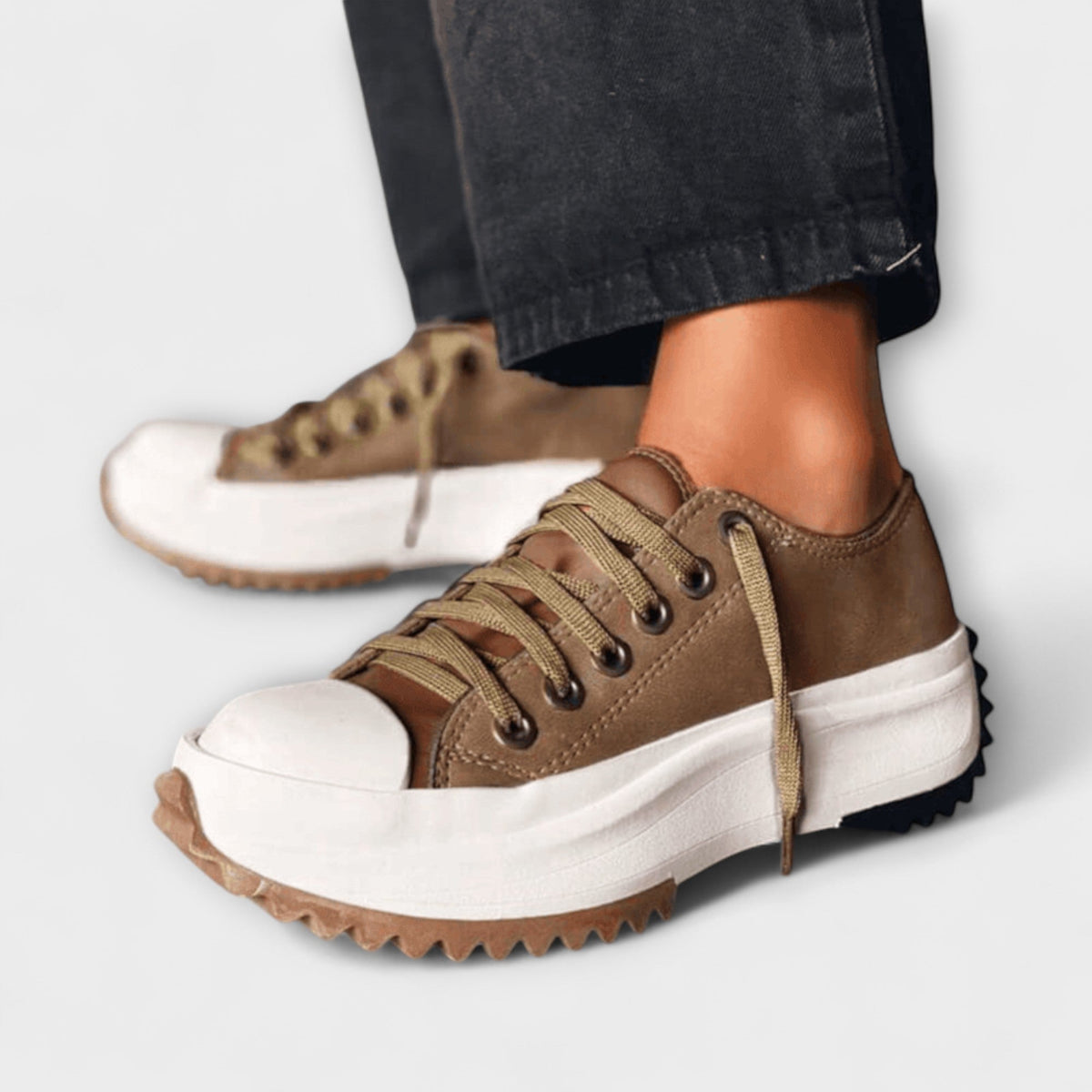 Sneaker Damen Plateausohle Schnürung Tigermuster Braun Khaki – Jinky