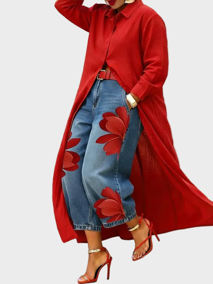 Daniella - Leinenkleid und Blumenjeans im Set