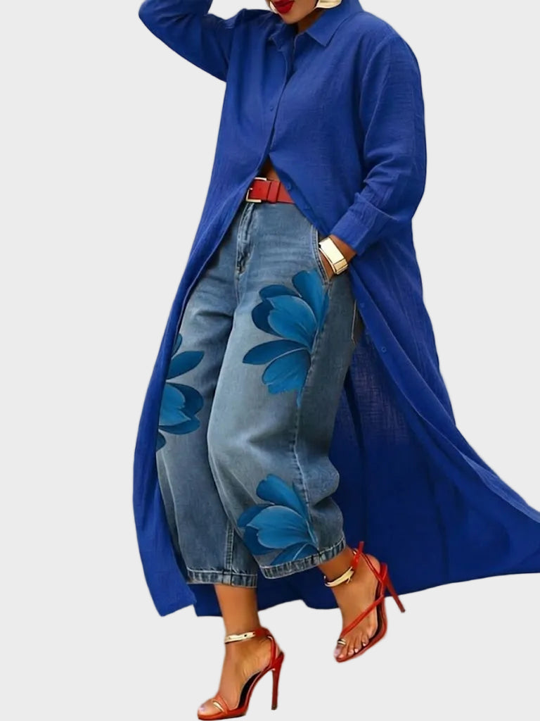 Daniella - Leinenkleid und Blumenjeans im Set