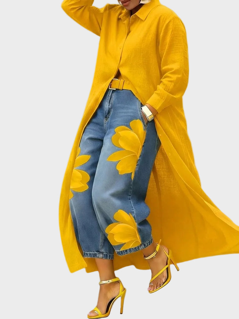 Daniella - Leinenkleid und Blumenjeans im Set