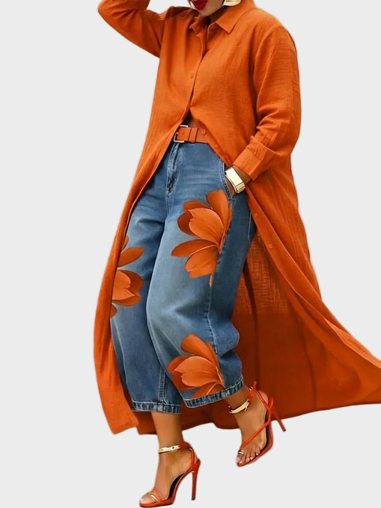 Daniella - Leinenkleid und Blumenjeans im Set
