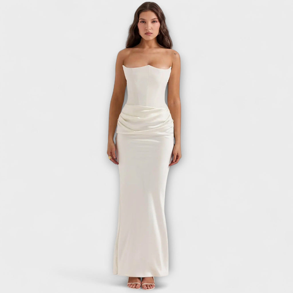 Schulterfreies Satin-Maxikleid mit Drapierung