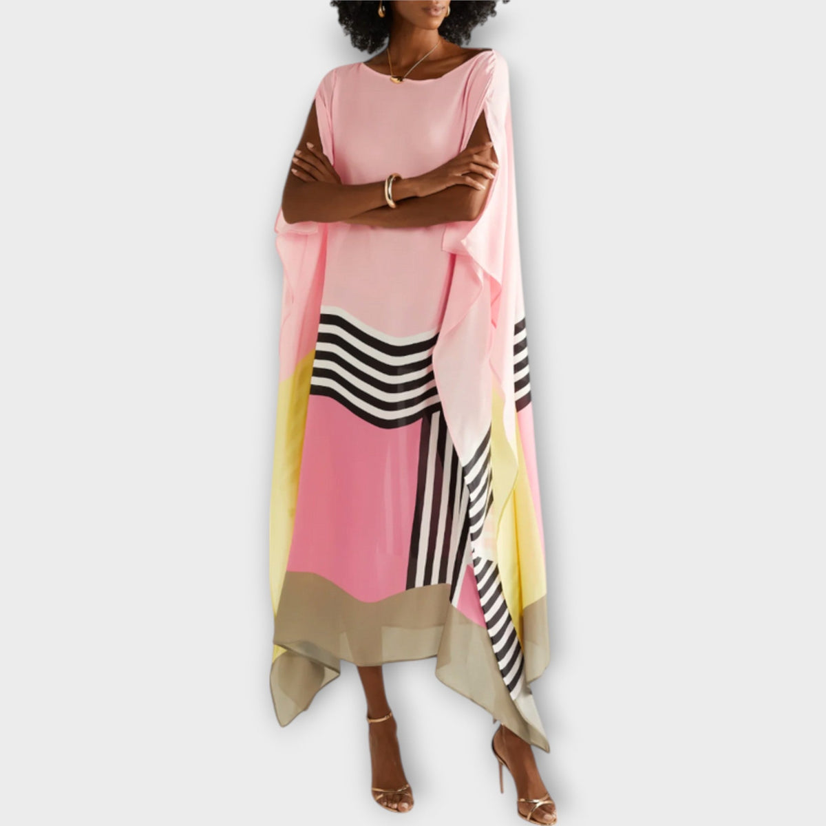 Midikleid Damen Kaftan Geometrisches Muster Lockerer Schnitt Rot Beige Grün