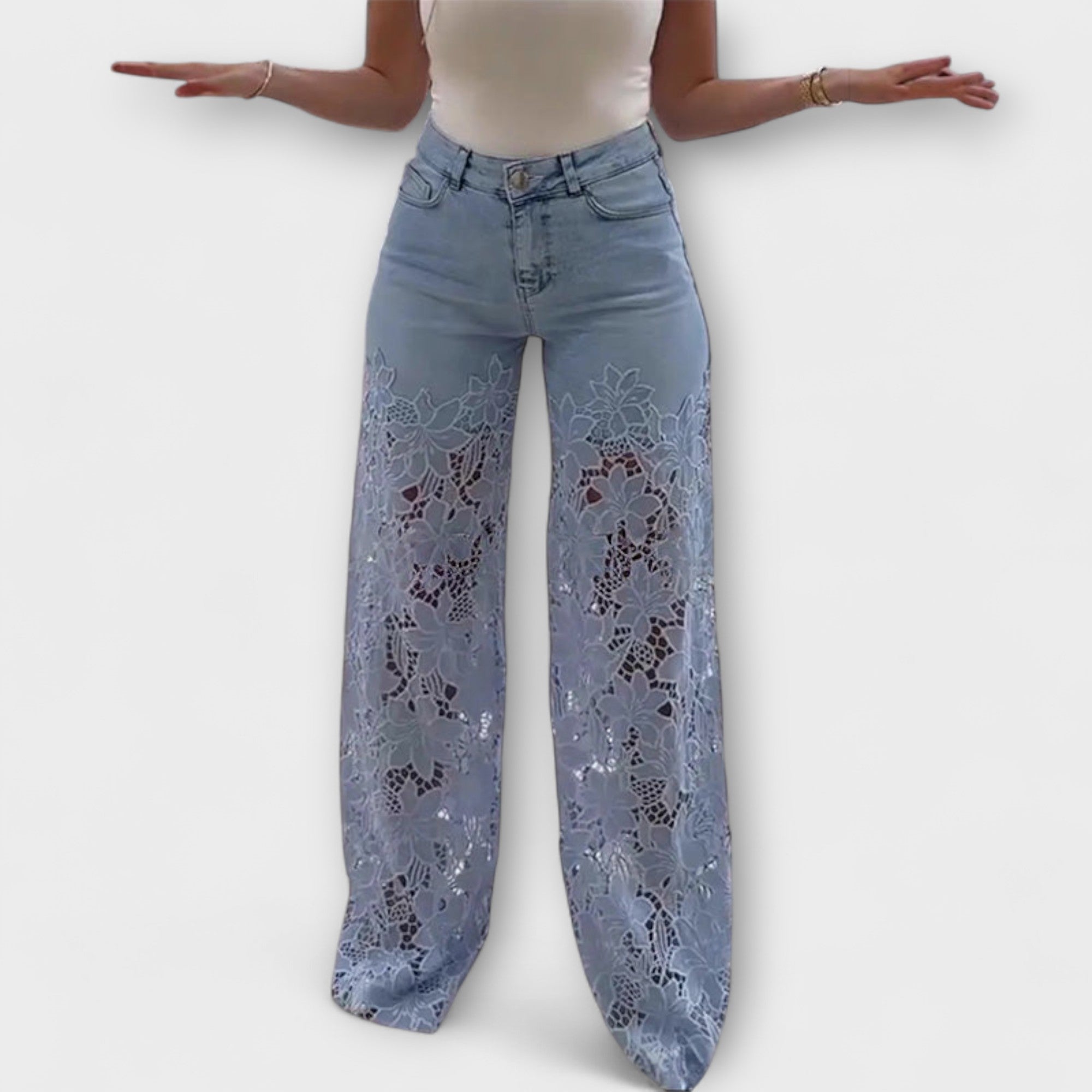 Jeans Damen Spitzen-Patchwork Figurbetont Hellblau Dunkelblau Grau