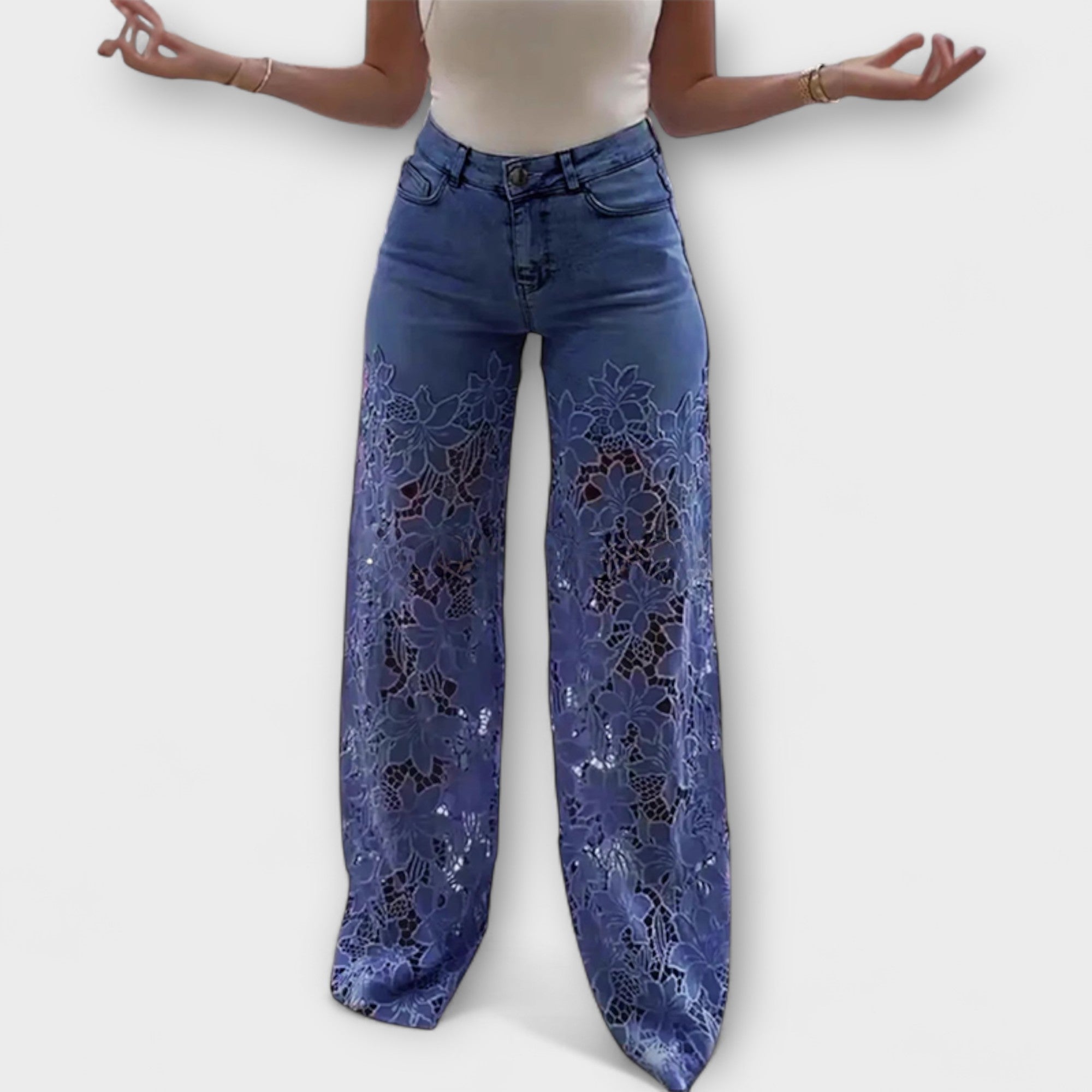 Jeans Damen Spitzen-Patchwork Figurbetont Hellblau Dunkelblau Grau