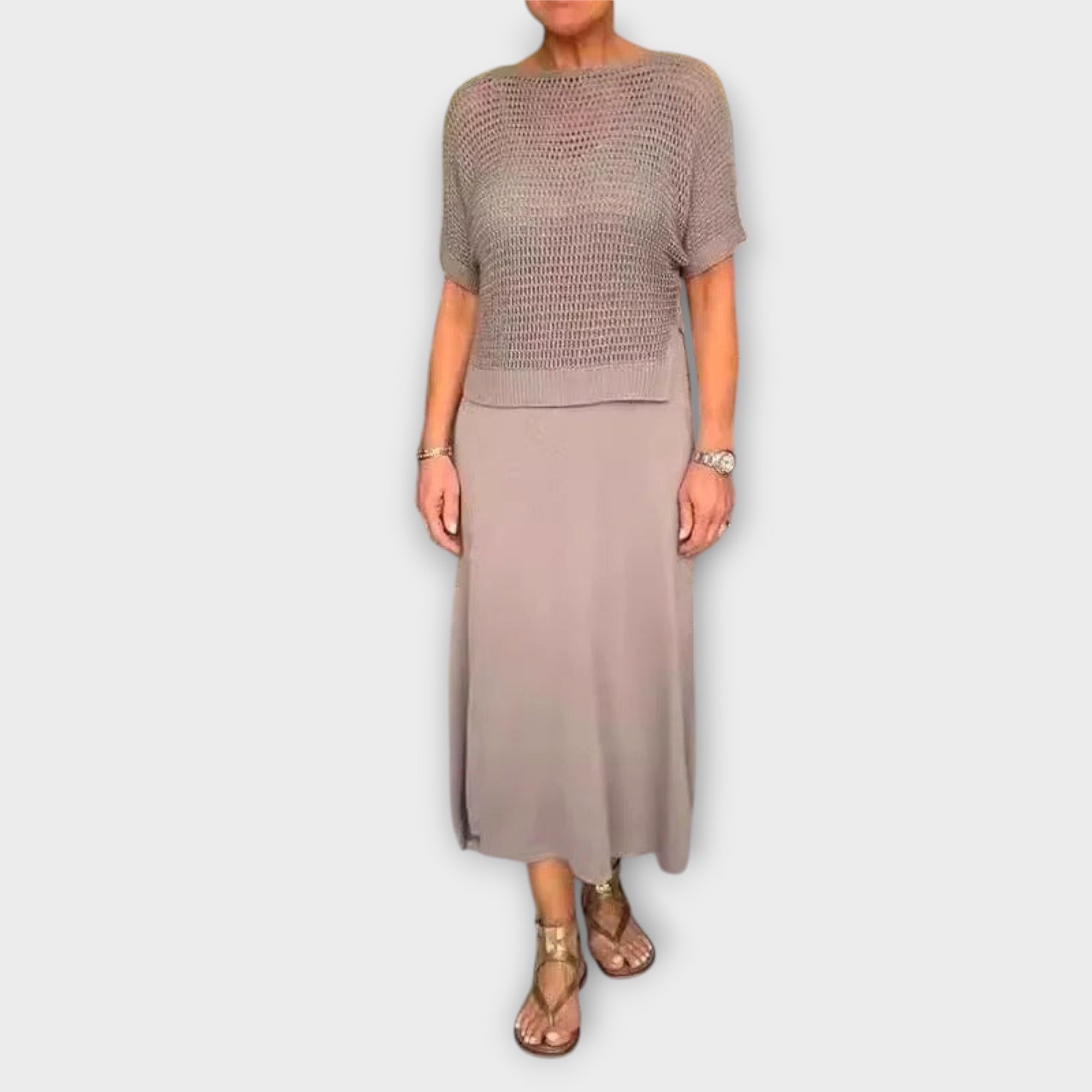 Zweiteiler Damen Top und Hose Sommer Beige Khaki Schwarz – Alma