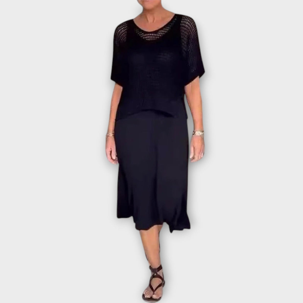 Zweiteiler Damen Top und Hose Sommer Beige Khaki Schwarz – Alma