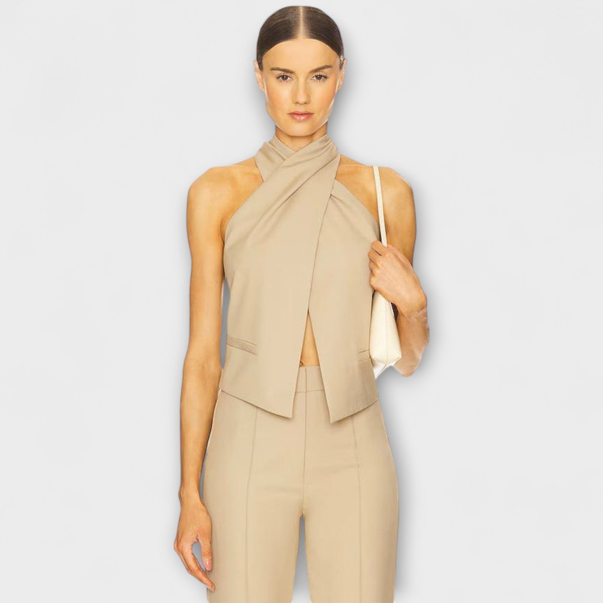 Tanktop Damen Neckholder Überkreuzt Schwarz Beige – Juni