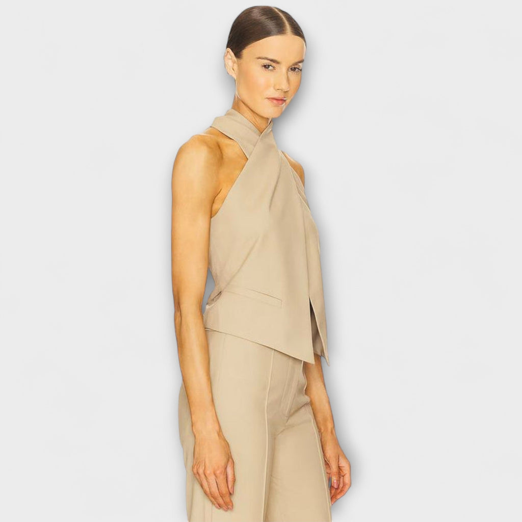 Tanktop Damen Neckholder Überkreuzt Schwarz Beige – Juni