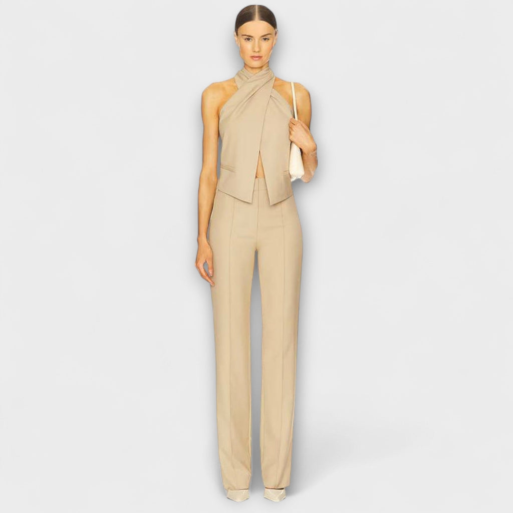 Tanktop Damen Neckholder Überkreuzt Schwarz Beige – Juni
